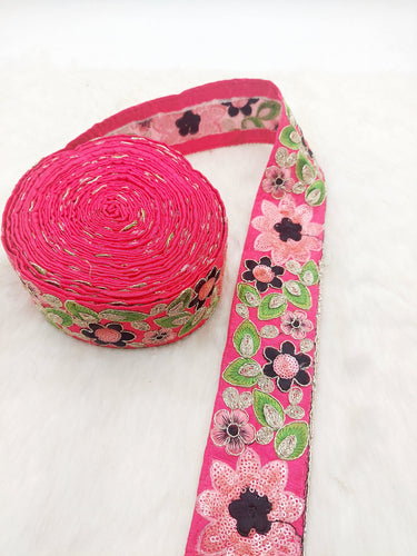 Cerise Pink Silk Fabric Embroidered Trim, Floral Embroidery Indian Sari Border Trim By Yard Decorative Trim Craft Lace, Sequins Trim